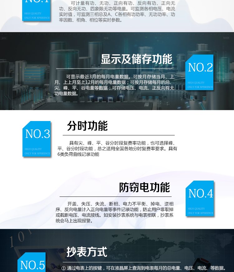 杭州百富華隆DSSD532三相三線電子式多功能電能表產(chǎn)品功能
　　電能計(jì)量功能
　　計(jì)量參數(shù)：可計(jì)量有功、無功、正向有功、反向有功、正向無功、反向無功、四象限無功等電量。
　　監(jiān)測參數(shù)：可監(jiān)測各相電壓、電流實(shí)時(shí)值，可監(jiān)測三相總及A、C各相有功功率、無功功率、功率因數(shù)、相角、相位等實(shí)時(shí)參數(shù)。
　　分時(shí)功能：具有尖、峰、平、谷分時(shí)段復(fù)費(fèi)率功能，也可選擇峰、平、谷分時(shí)段功能，總之適用全國各地分時(shí)復(fù)費(fèi)率要求。
　　數(shù)據(jù)存儲：可按月存儲當(dāng)月、上月、上上月至上12月的每月電量數(shù)據(jù);可按月存儲每月的總、尖、峰、平、谷電量等數(shù)據(jù);可存儲電壓、電流、正反向有無功電量數(shù)據(jù)。
　　具有6類負(fù)荷曲線記錄功能。
　　顯示功能：可顯示最近3月的每月電量數(shù)據(jù)。
　　防竊電功能
　　開蓋記錄功能，防止非法更改電路。
　　電壓合格率、失壓記錄功能，防止用戶非法取掉或截?cái)嚯妷航泳€，如已發(fā)生，可通過記錄的時(shí)間核算所損失的電量，為追補(bǔ)電量提供依據(jù)。
　　失流、斷相記錄功能，防止用戶非法短接電流接線，如已發(fā)生，可通過記錄的時(shí)間核算所損失的電量，為追補(bǔ)電量提供依據(jù)。
　　電流不平衡記錄：可警惕用戶在電表接線的前端截取電量。
　　掉電記錄功能，防止用戶非法取下電表的工作電源，如已發(fā)生，可通過記錄的時(shí)間核算所損失的電量，為追補(bǔ)電量提供依據(jù)。
　　反向電量計(jì)入正向電量，用戶如將電流線接反，電表照樣正向走字，不具有竊電作用。
　　逆相序報(bào)警，用戶非法接線，電表會報(bào)警，除非把線接正確，否則一直報(bào)警。
　　以上情況如發(fā)出，電表會出現(xiàn)報(bào)警標(biāo)志，如安裝抄表系統(tǒng)與電表相聯(lián)，抄表系統(tǒng)會馬上出現(xiàn)報(bào)警。