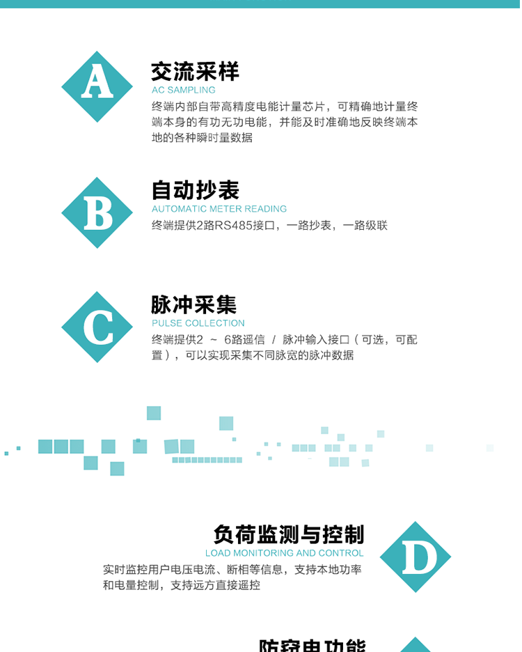 功能及特點：
1、交流采樣, 終端內部自帶高精度電能計量芯片，可精確地計量終端本身的有功無功電能，并能及時準確地反映終端本地的各種瞬時量數據。
2、自動抄表，終端提供2路RS485接口，一路抄表，一路級聯
3、脈沖采集，終端提供2 ~ 6路遙信 / 脈沖輸入接口（可選，可配置），可以實現采集不同脈寬的脈沖數據
4、負荷監測與控制，實時監控用戶電壓電流、斷相等信息，支持本地功率和電量控制，支持遠方直接遙控