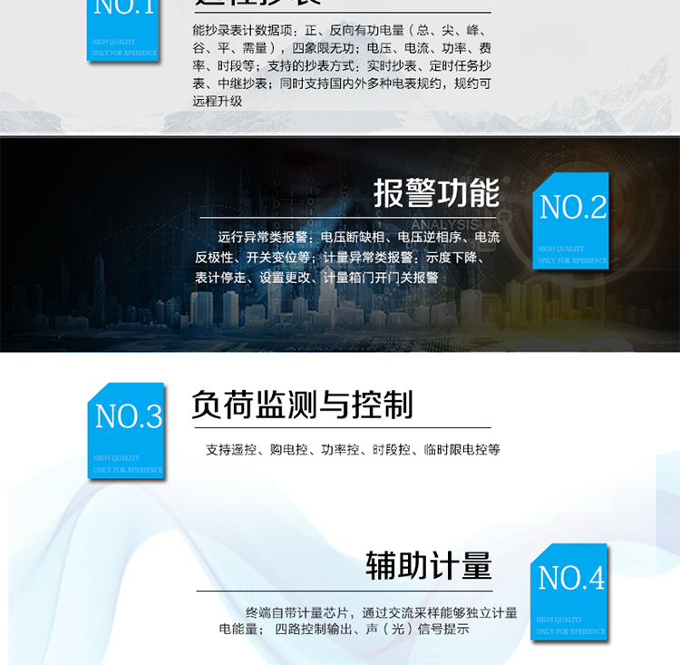 產品特點
遠程抄表：
能抄錄表計數據項：正、反向有功電量（總、尖、峰、谷、平、需量），四象限無功；
電壓、電流、功率、費率、時段等；
支持的抄表方式：實時抄表、定時任務抄表、中繼抄表；
同時支持國內外多種電表規約，規約可遠程升級；
用電現場檢測
遠行異常類報警：電壓斷缺相、電壓逆相序、電流反極性、開關變位等；
計量異常類報警：示度下降、表計停走、設置更改、計量箱門開門關報警；
負荷監測與控制
支持遙控、購電控、功率控、時段控、臨時限電控等；