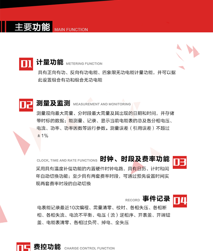 主要功能
1. 　電能計量
具有正向有功、反向有功電能、四象限無功電能計量功能，并可以據此設置組合有功和組合無功電能。
2. 　需量計量
測量雙向最大需量、分時段最大需量及其出現的日期和時間，并存儲帶時標的數據。
3. 　測量及監測
能測量、記錄、顯示當前電能表的總及各分相電壓、電流、功率、功率因數等運行參數。測量誤差（引用誤差）不超過±1%。
4. 　時鐘、時段及費率功能
采用具有溫度補償功能的內置硬件時鐘電路，具有日歷、計時和閏年自動切換功能。內部時鐘端子輸出頻率為1Hz。至少具有兩套費率時段，可通過預先設置時間實現兩套費率時段的自動切換。每套費率時段全年至少可設置2個時區，24小時內至少可以設置8個時段，時段最小間隔為15分鐘，并且時段間隔大于表內設定的需量周期值，時段可跨越零點設置。
5. 　費控功能 
電能表費控功能的實現方式通過公網等虛擬介質和遠程售電系統實現。
6. 　 載波通信
在載波集中器和主站系統的配合下，可通過載波，按設定的采集方案定時數據采集，并可實時監測電表運行狀態。
7. 　事件記錄
電表能記錄最近10次編程、需量清零、校時、各相失壓、各相斷相、各相失流、電流不平衡、電壓（流）逆相序、開表蓋、開端鈕蓋、電能表清零、各相過負荷、掉電、全失壓。
8. 　凍結
具有定時凍結、瞬時凍結、約定凍結和日凍結功能。
9.　 負荷記錄
記錄正反向有功總電能、無功總電能、四象限無功總電能、組合有功、組合無功1、組合無功2，負荷記錄間隔時間可以在1～60min范圍內設置，時間間隔為1min的情況下可記錄不少于40天的數據容量。
10. 　停電抄表
在停電狀態下，能通過按鍵或非接觸方式喚醒電能表，抄讀電能量等數據。
11. 擴展功能
計量視在電能、諧波電壓、電流、電量的監測、電能質量監測和計算鐵損、銅損。 