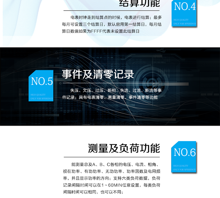 2.3需量計量
 能夠計量正、反向有功，正、反向視在，1、2、3、4象限無功，組合無功1、2的最大需量和發(fā)生時間。
 需量周期和滑差時間可在1～60min分鐘范圍內(nèi)設置，但應該滿足：需量周期大于滑差時間且為其的整數(shù)倍，需量周期可在5、10、15、30、60min中選擇；滑差式需量周期的滑差時間可以在1、2、3、5min中選擇。需量周期應為滑差時間的5的整倍數(shù)，且該倍數(shù)小于等于15。
 當發(fā)生電壓線路上電、時段轉(zhuǎn)換、清零、時鐘調(diào)整、需量周期改變、功率潮流方向轉(zhuǎn)換等情況時，電能表從當前時刻開始，按照需量周期進行需量測量，當?shù)谝粋€需量周期完成后，按滑差間隔開始最大需量記錄。其中，發(fā)生時段轉(zhuǎn)換時，總需量繼續(xù)按滑差測量，分時需量按需量周期重新開始測量。
 在一個不完整的需量周期內(nèi)或修改需量周期時，不做最大需量的記錄。
 能存儲12個結(jié)算日最大需量數(shù)據(jù)。
 需量顯示小數(shù)位數(shù)出廠缺省為4位小數(shù)。
2.4結(jié)算功能
 本表除給出有、無功當前總及分時電量、最大需量及其發(fā)生時間外，還存儲了上1到上12個結(jié)算周期的歷史數(shù)據(jù)（包含組合有功、正反向有功、組合無功1和組合無功2、四象限無功、各元件有功、無功總電量以及分時電量；正反向有功、組合無功1和組合無功2、四象限無功的最大需量及其出現(xiàn)時間。）。當電表時鐘走到結(jié)算點的時候，電表進行結(jié)算。電能表結(jié)算時，先把當前的電量、最大需量及其發(fā)生時間存入上一結(jié)算日，再把當前的最大需量及其發(fā)生時間清零，計算需量的累加單元清零，需量重新開始計算。
 如果電表掉電跨過結(jié)算點時，上電后電表不補結(jié)算。
 最多每月可設置三個結(jié)算日，默認啟用第一結(jié)算日，每月結(jié)算日數(shù)值如果為FFFF代表未設置此結(jié)算日。
 需量結(jié)算是只在每月第一結(jié)算日結(jié)算一次，如果起用了其它結(jié)算日，在該結(jié)算點結(jié)算時，則對應的這個結(jié)算日需量數(shù)據(jù)補FF。
 電壓合格率只在第一結(jié)算日進行結(jié)算，在啟用其它結(jié)算日進行結(jié)算時，電壓合格率都不進行結(jié)算。