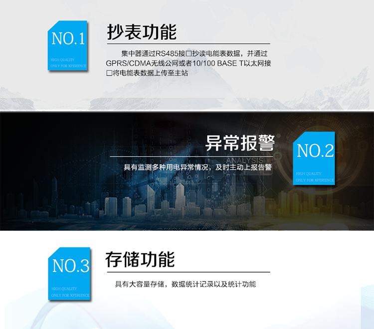產(chǎn)品特點(diǎn)
DJG(C,E)L33-DF6203型集中器采用高速嵌入式微處理器系統(tǒng)，模塊化設(shè)計(jì)，包括處理模塊、通信模塊，電源模塊、顯示模塊以及其他外圍硬件接□電路。
電源模塊為其它模塊提供所需的直流電源，并實(shí)現(xiàn)交流信號(hào)輸入到直流工作模塊的電氣隔離，保證各個(gè)模塊的安全工作；處理模塊是設(shè)備的核心部分，采用功能強(qiáng)大、抗干擾能力好的ARM工業(yè)級(jí)處理器芯片；集中器通過(guò)RS485接□抄讀電能表數(shù)據(jù)，并通過(guò)GPRS/CDMA無(wú)線公網(wǎng)或者10/100 Base T以太網(wǎng)接□將電能表數(shù)據(jù)上傳至主站。
